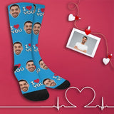 [Made In USA]Custom Face I Love You Blue Socks Personalized Photo Sublimated Crew Socks Unisex Gift for Men Women