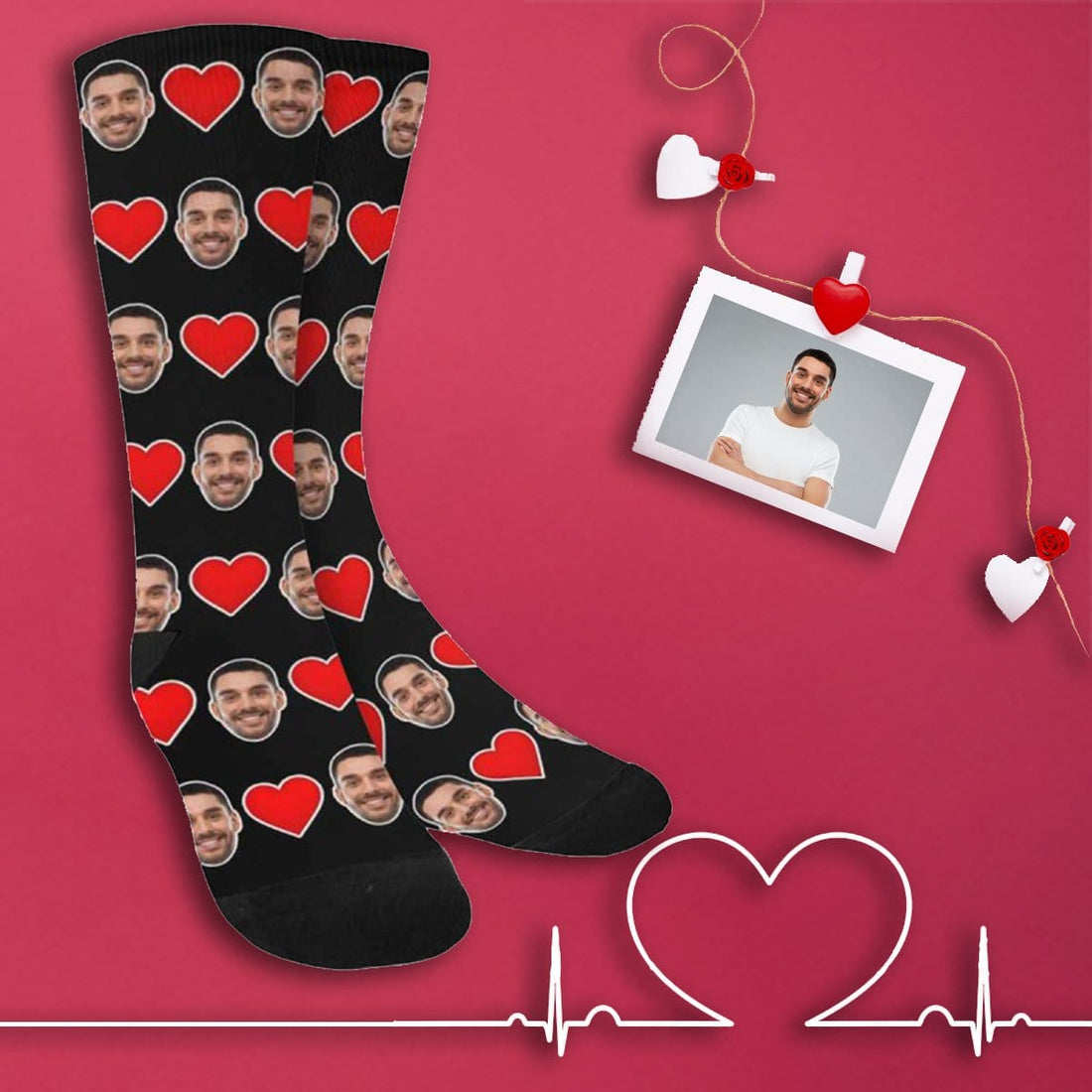 [Made In USA]Custom Face Love Heart Sublimated Crew Socks Personalized Photo Socks