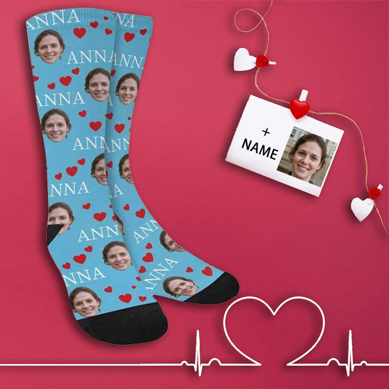 [Made In USA]Custom Face&Name Socks Personalized Red Love Sublimated Crew Socks Unisex Gift for Men Women