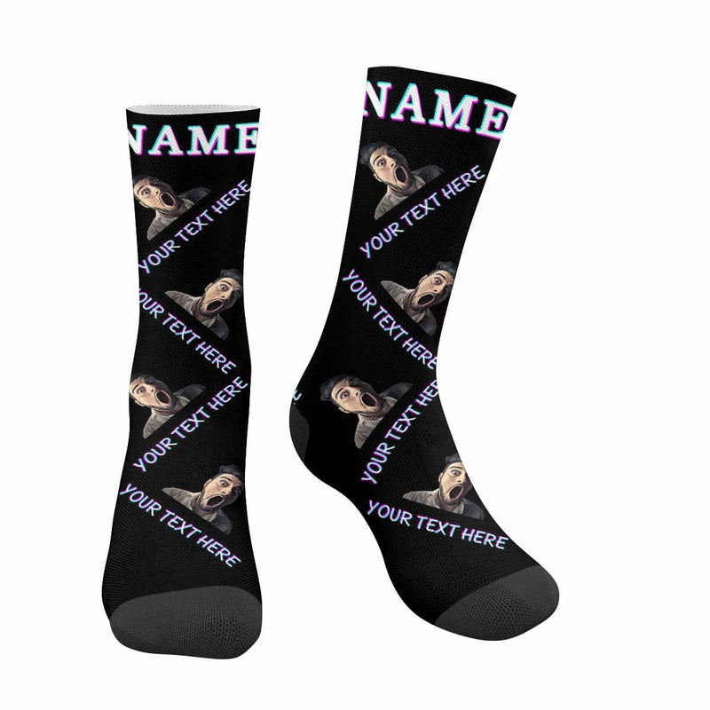 Custom Face&Name&Text Socks Personalized Black White Sublimated Crew Socks Unisex Gift for Men Women