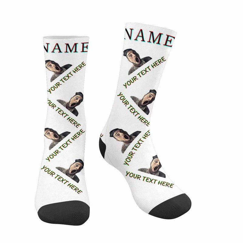 Custom Face&Name&Text Socks Personalized Black White Sublimated Crew Socks Unisex Gift for Men Women