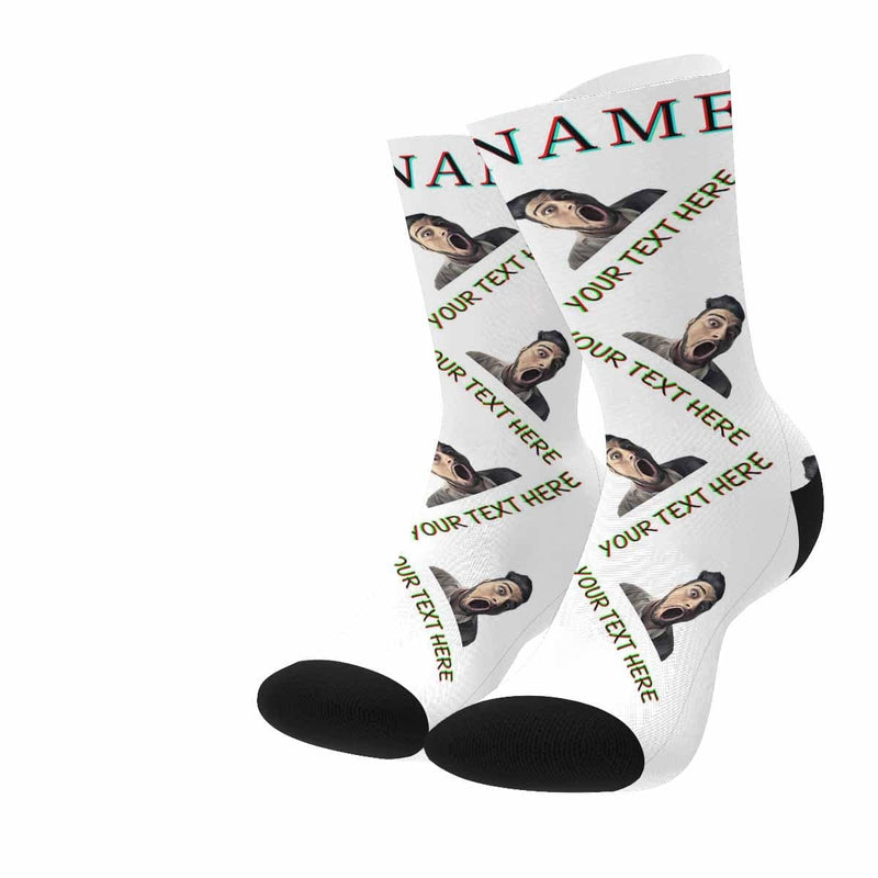 Custom Face&Name&Text Socks Personalized Black White Sublimated Crew Socks Unisex Gift for Men Women