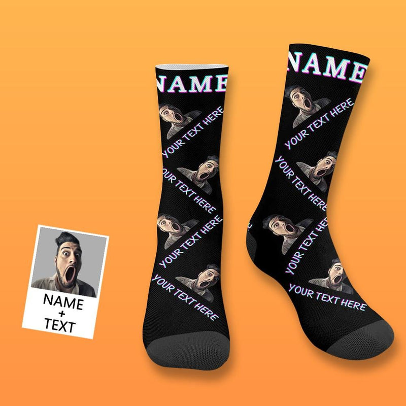 Custom Face&Name&Text Socks Personalized Black White Sublimated Crew Socks Unisex Gift for Men Women