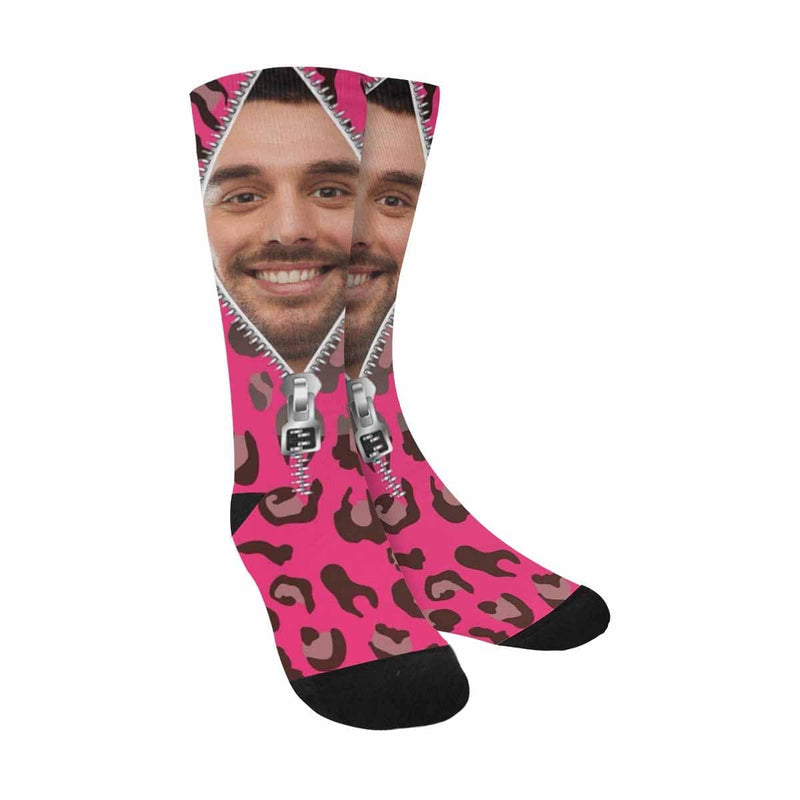 [Made In USA]Custom Face Zipper Pink Camo Sublimated Crew Socks Personalized Picture Socks Unisex Gift for Men Women