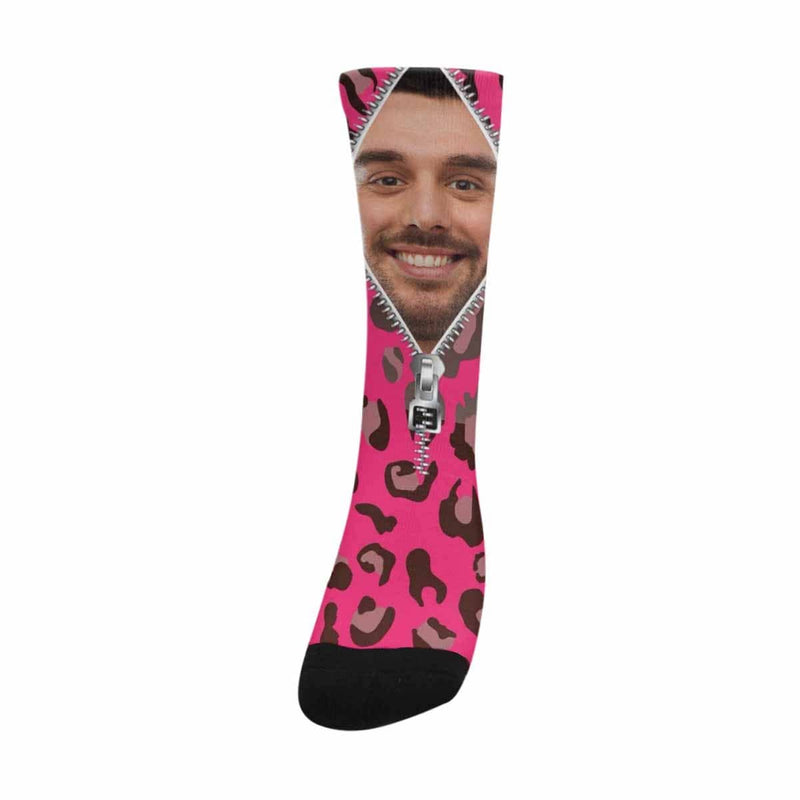 [Made In USA]Custom Face Zipper Pink Camo Sublimated Crew Socks Personalized Picture Socks Unisex Gift for Men Women