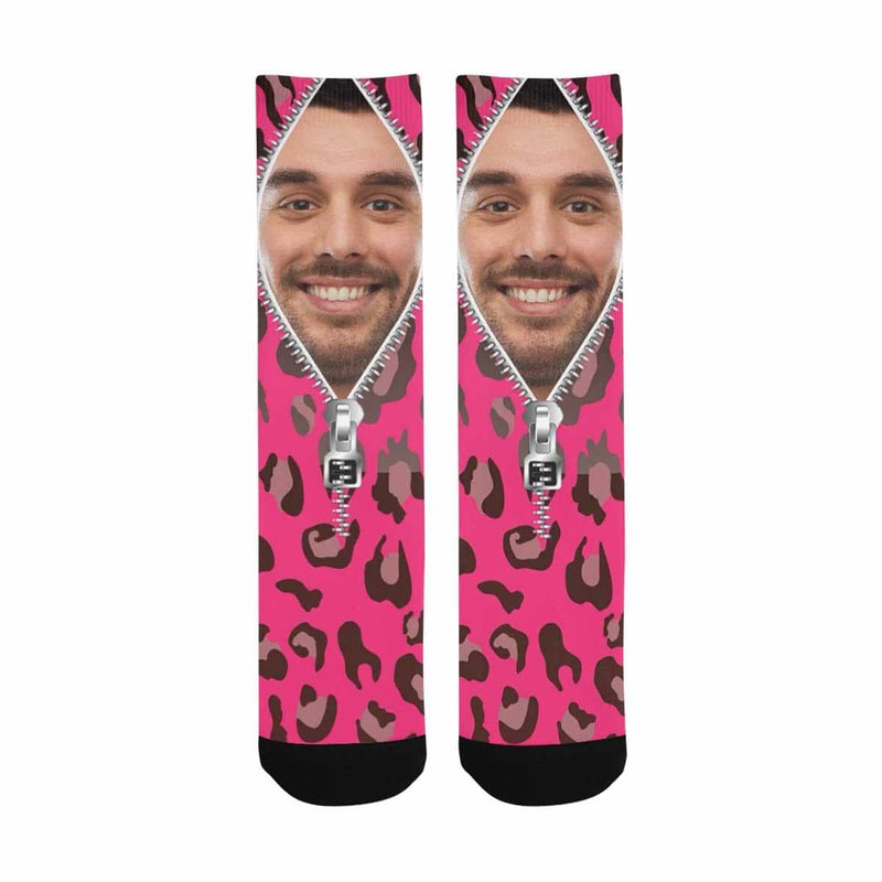 [Made In USA]Custom Face Zipper Pink Camo Sublimated Crew Socks Personalized Picture Socks Unisex Gift for Men Women