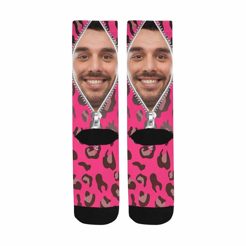 [Made In USA]Custom Face Zipper Pink Camo Sublimated Crew Socks Personalized Picture Socks Unisex Gift for Men Women