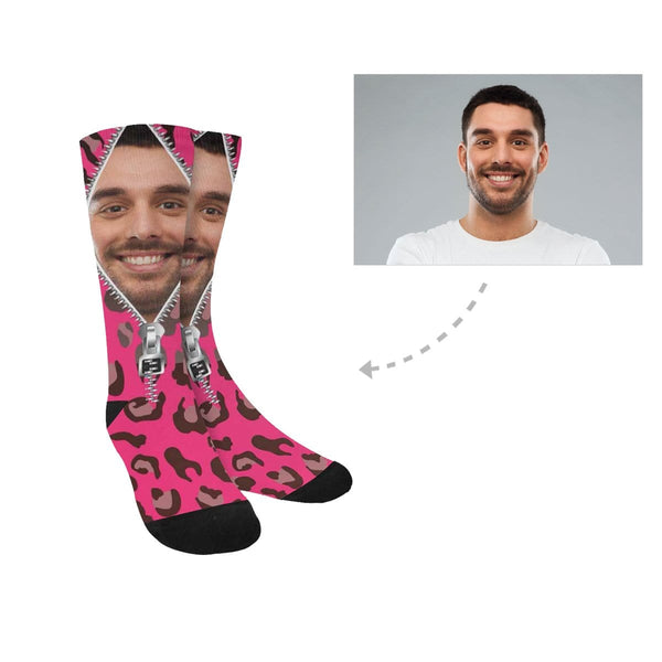 [Made In USA]Custom Face Zipper Pink Camo Sublimated Crew Socks Personalized Picture Socks Unisex Gift for Men Women