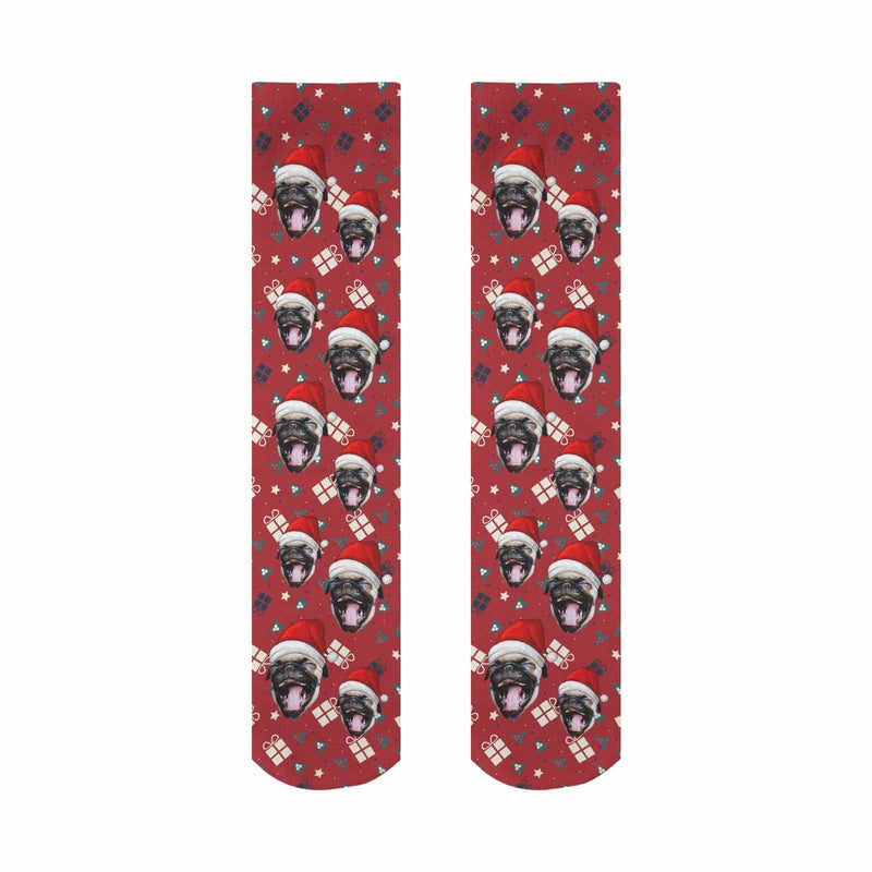 Custom Pet Face Chtistmas Gifts Red Sublimated Crew Socks Personalized Pohto Face on Socks All Over Print Gift Unisex