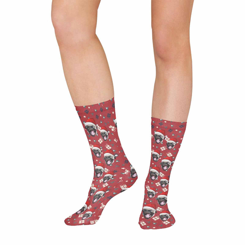 Custom Pet Face Chtistmas Gifts Red Sublimated Crew Socks Personalized Pohto Face on Socks All Over Print Gift Unisex