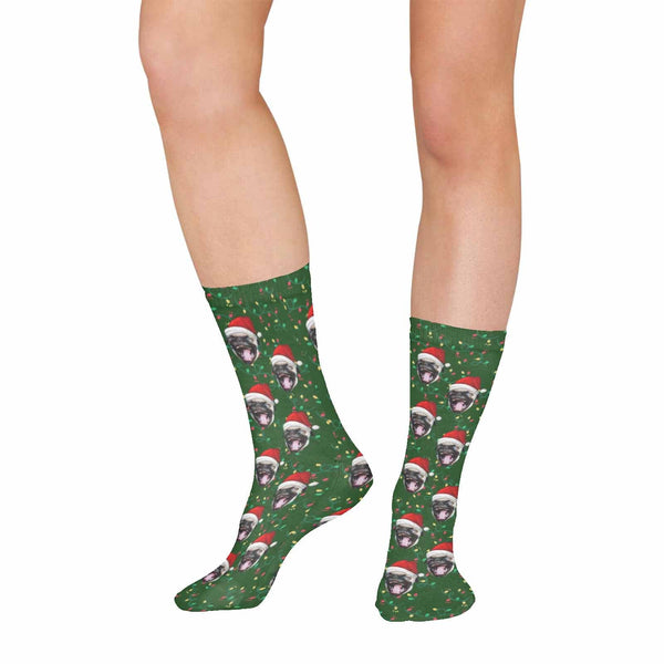 Custom Pet Face Chtistmas Green Sublimated Crew Socks Personalized Pohto Face on Socks All Over Print Gift Unisex