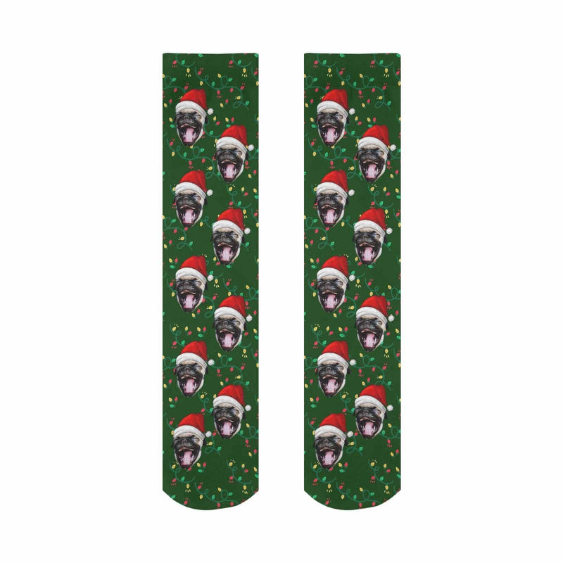 Custom Pet Face Chtistmas Green Sublimated Crew Socks Personalized Pohto Face on Socks All Over Print Gift Unisex