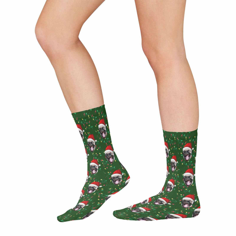 Custom Pet Face Chtistmas Green Sublimated Crew Socks Personalized Pohto Face on Socks All Over Print Gift Unisex