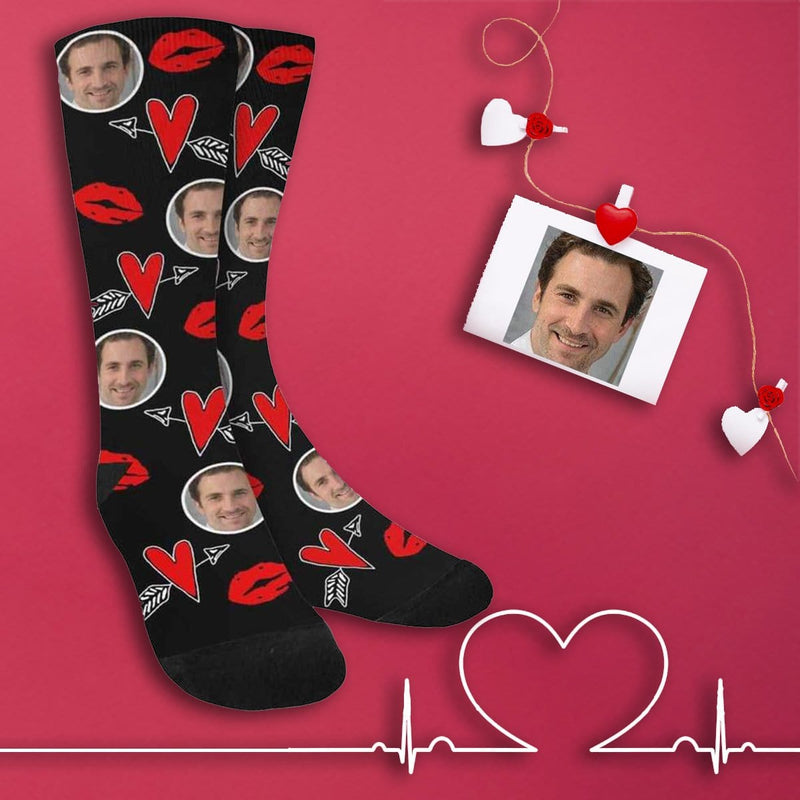 [Made In USA]Custom Socks with Face Personalized Photo Heart Sublimated Crew Socks Unisex Gift for Men Women