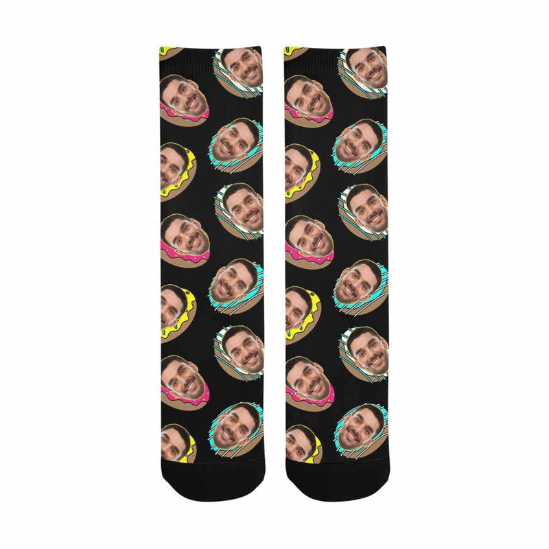 Face on Socks Custom Donut Black Sublimated Crew Socks Personalized Picture Socks Unisex Gift for Men Women