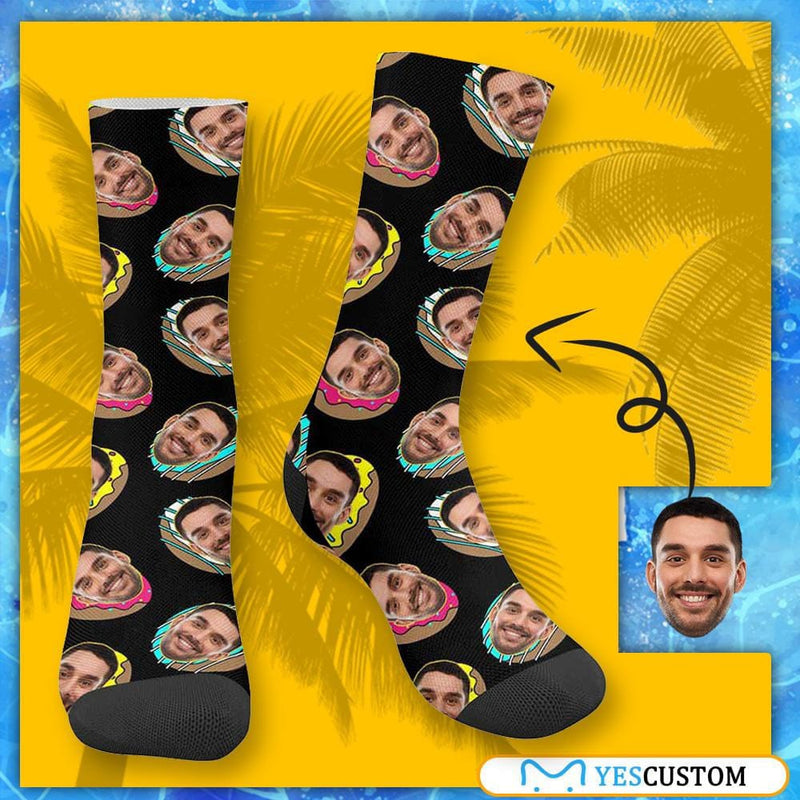 Face on Socks Custom Donut Black Sublimated Crew Socks Personalized Picture Socks Unisex Gift for Men Women