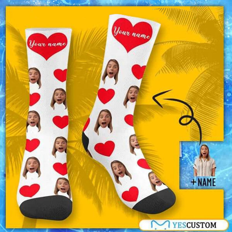 Happy Mother's Day | Custom Face&Name Red Heart Socks Personalized Cute Girlfriend Sublimated Crew Socks for Mom