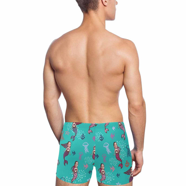 Custom Face Blue Mermaid Men's Athletic Swim Jammers Quick Dry Waterproof Compression Square Leg Swim Briefs Swimsuit