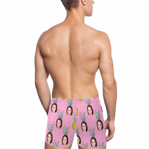 Custom Face Cute Pink Pineapple Men's Athletic Swim Jammers Quick Dry Waterproof Compression Square Leg Swim Briefs Swimsuit