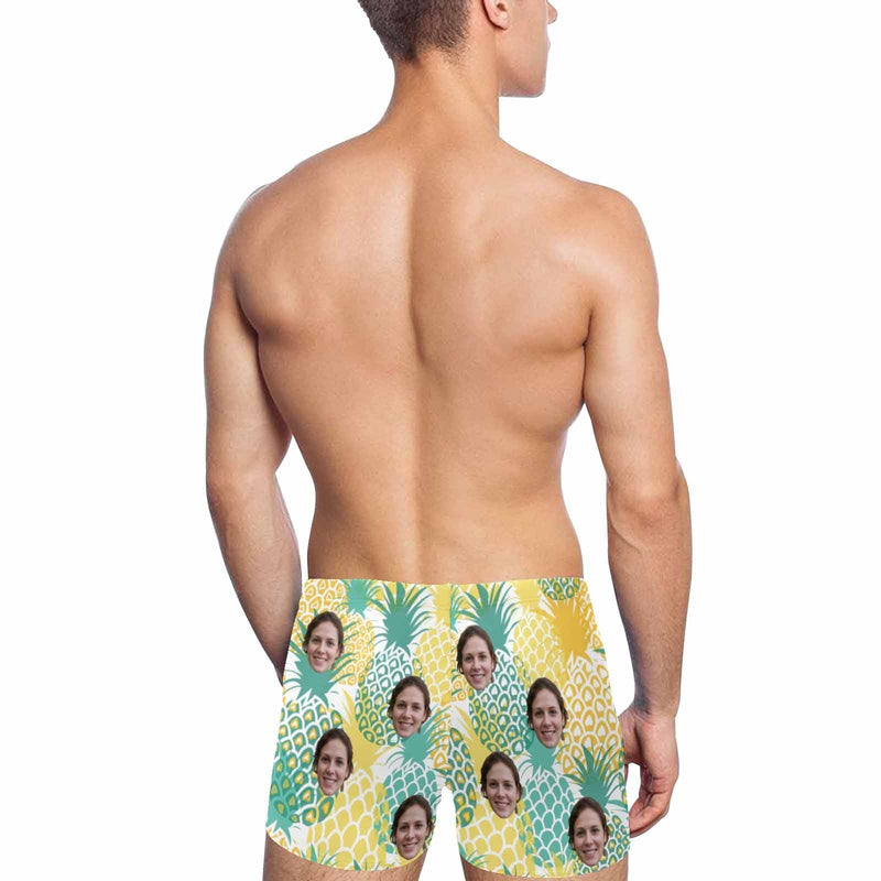 Custom Face Yellow Pineapple Men's Athletic Swim Jammers Quick Dry Waterproof Compression Square Leg Swim Briefs Swimsuit