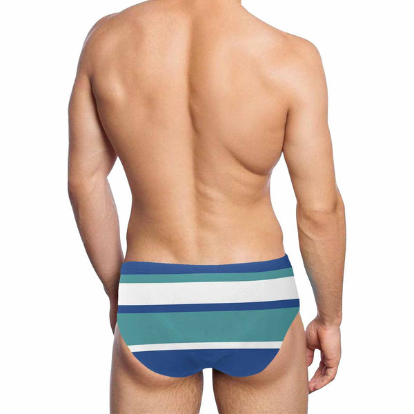 Custom Name Blue Triangle Swim Briefs Personalized White Stripes Men's Swim Shorts for Summer Sports