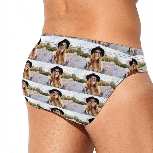 Custom Photo Triangle Swim Briefs Design Stitching Men's Swim Shorts with Personalized Girlfriend's Pictures
