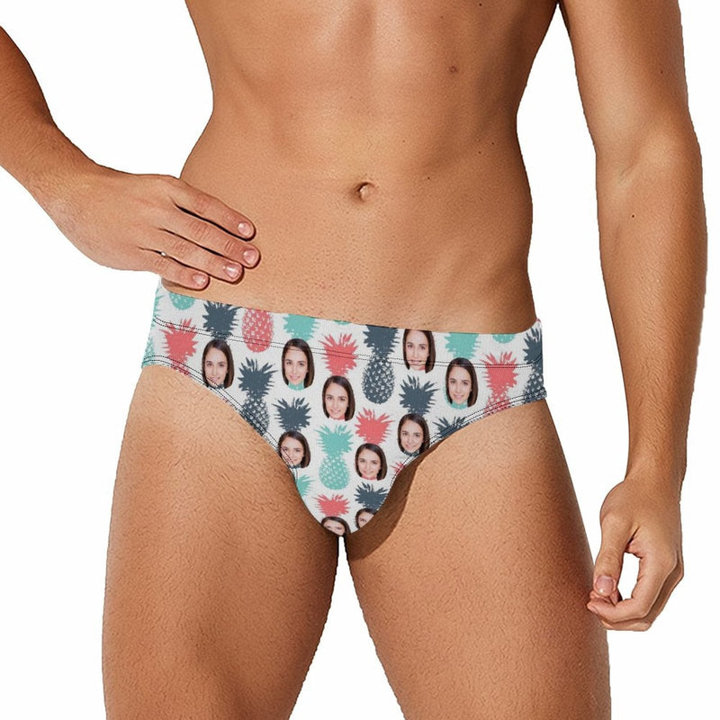 Customized Swim Trunks with Face Design Little Pineapple Men's Triangle Swim Briefs with Girlfriend's Face