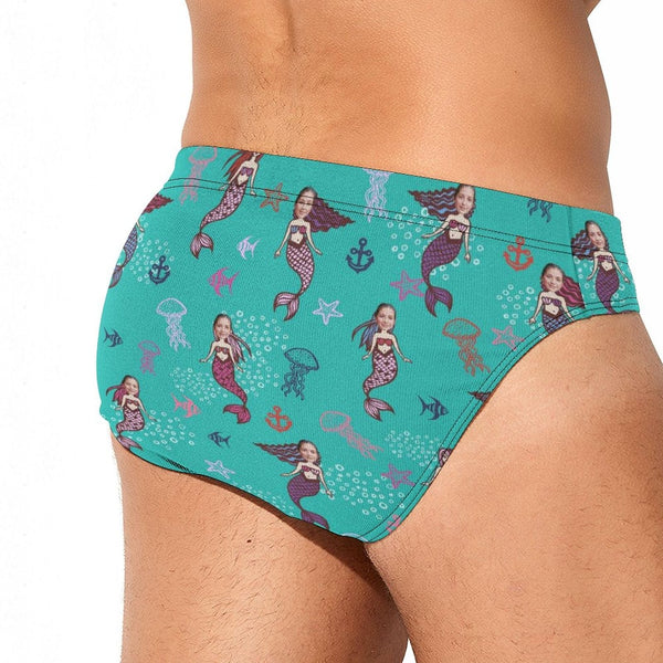 Personalized Face Triangle Swim Briefs Design Mermaids Men's Custom Swim Shorts