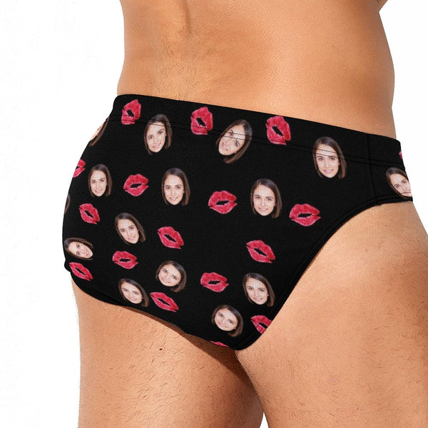 Personalized Girlfriend's Face Swim Shorts Custom Red Lips Men's Triangle Swim Briefs for Swimming Water