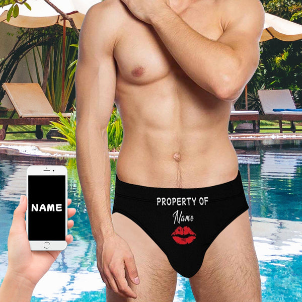 Custom Name Property&Hot Lips Men's Swim Shorts Print Quick Dry Briefs
