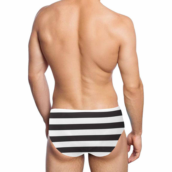 Personalized Triangle Swim Briefs with Custom Photo Black & White Stripes Men's Swim Shorts for Swimming Water Sports