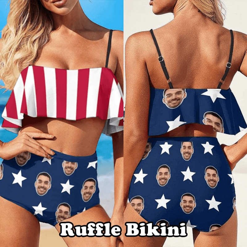 #Couple Matching Swimwear #American Flag Bathingsuit #Independence Day#Custom Face US Flag Bikini Personalized Triangle Swim Briefs Celebrate Holiday Party