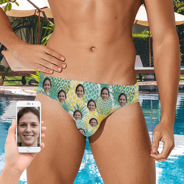 Customized Swim Trunks with Face Design Little Pineapple Men's Triangle Swim Briefs with Girlfriend's Face