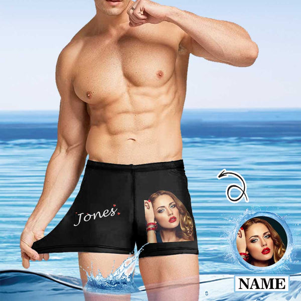 Custom Face & Name Black Men's Athletic Swim Jammers Quick Dry Waterproof Compression Square Leg Swim Briefs Swimsuit