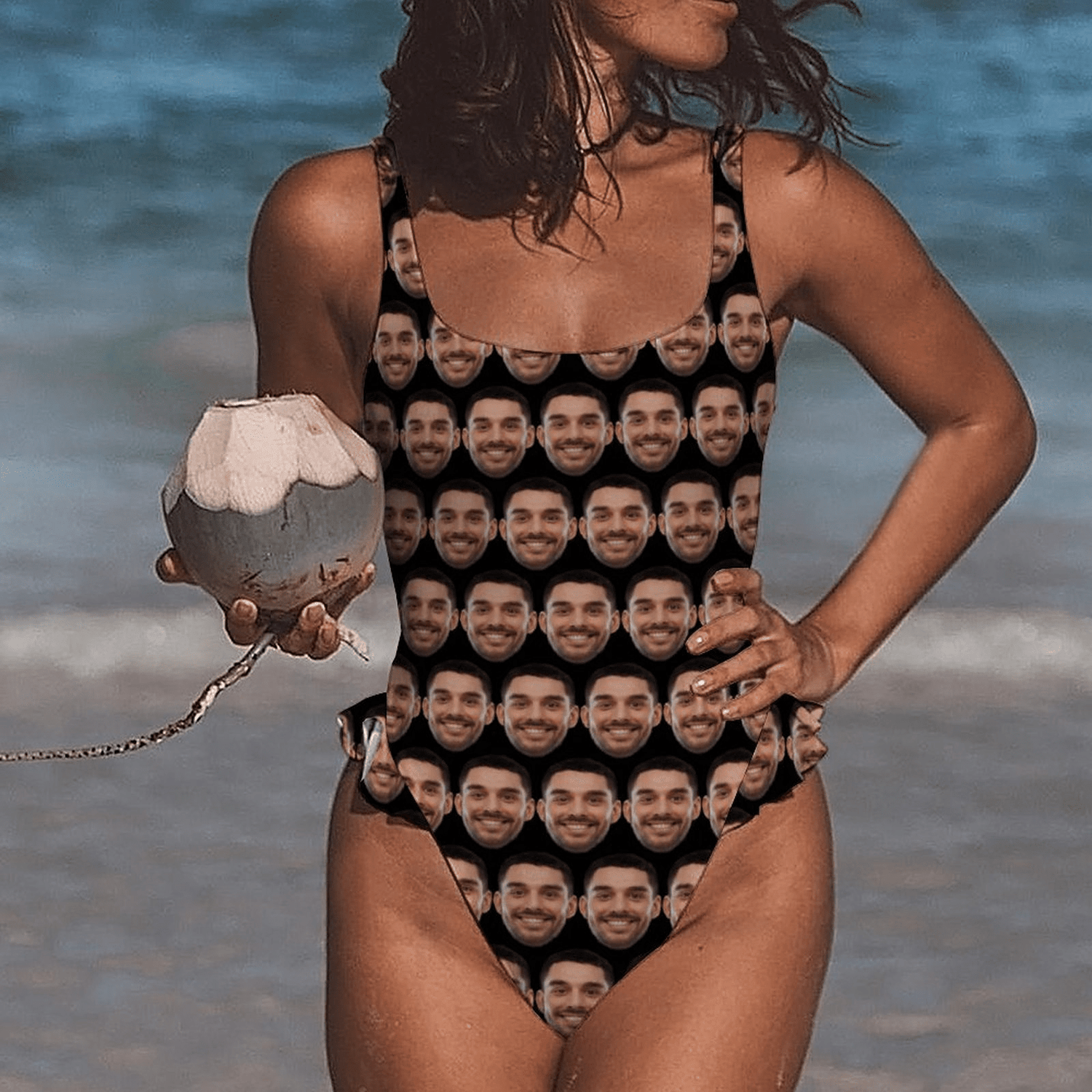 Custom Boyfriend Face Black Swimsuit Personalized Women&