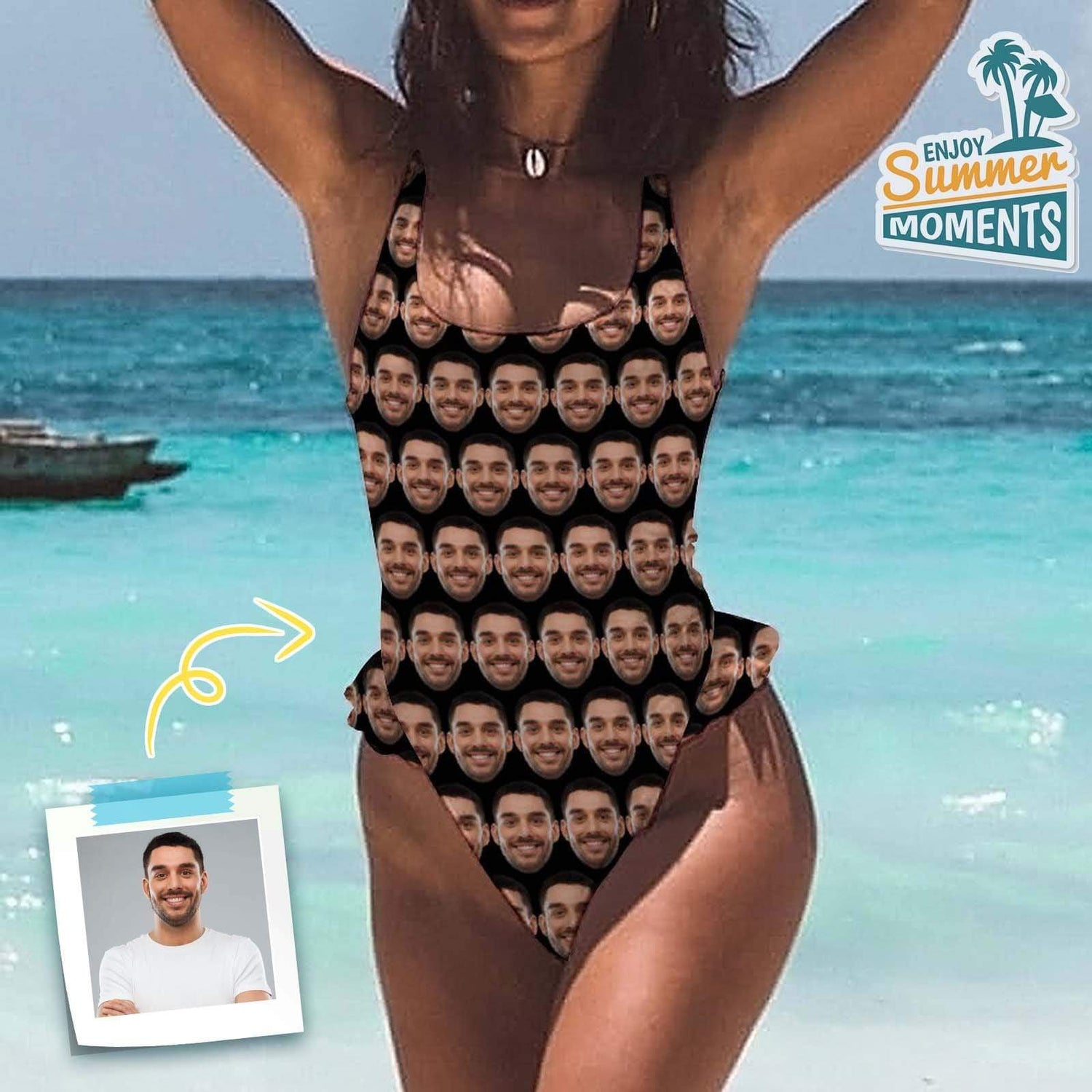 Custom Boyfriend Face Black Swimsuit Personalized Women&