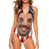 Custom Face Flag Swimsuit Personalized Women's Backless V-Neck One Piece Bathing Suit Celebrate Holiday Party