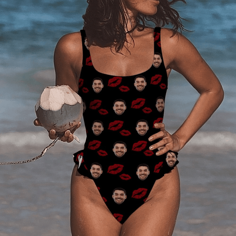 Custom Face Lips Women's Ruffle One Piece Swimsuit