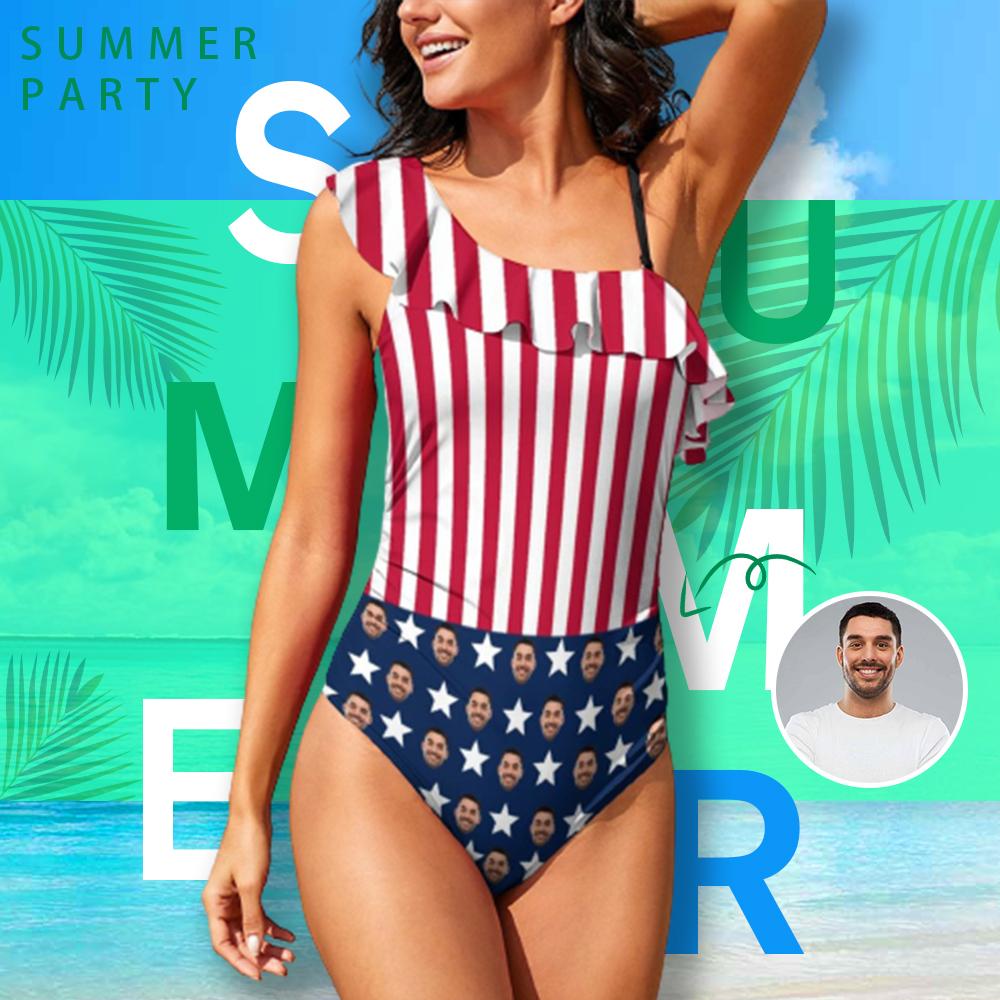 Custom Face USA Flag Swimsuit Personalized Women&