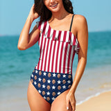 Custom Face USA Flag Swimsuit Personalized Women's Shoulder Ruffle One Piece Bathing Suit Celebrate Holiday Party