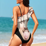 Custom Funny Face Swimsuit Personalized Women's Shoulder Ruffle One Piece Bathing Suit Funny Gift Idea