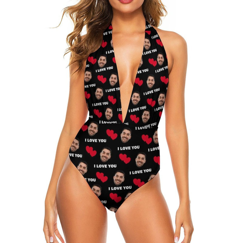 Custom I Love You Face Swimsuit Women's Backless V-Neck One Piece Bathing Suit Honeymoons For Her