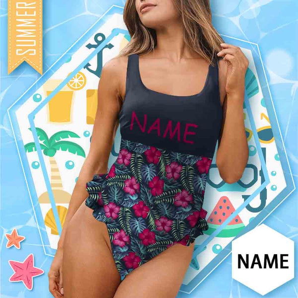 Custom Name Red Flowers Swimsuit Personalized Shoulder Ruffle One Piece Bathing Suit For Women