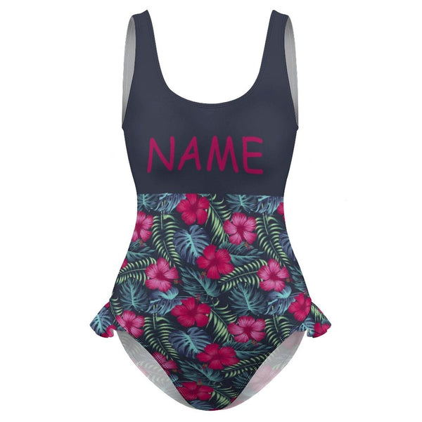Custom Name Red Flowers Swimsuit Personalized Shoulder Ruffle One Piece Bathing Suit For Women