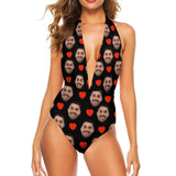 Custom Red Love Heart Face Swimsuit Personalized Women's Backless V-Neck One Piece Bathing Suit Honeymoons For Her