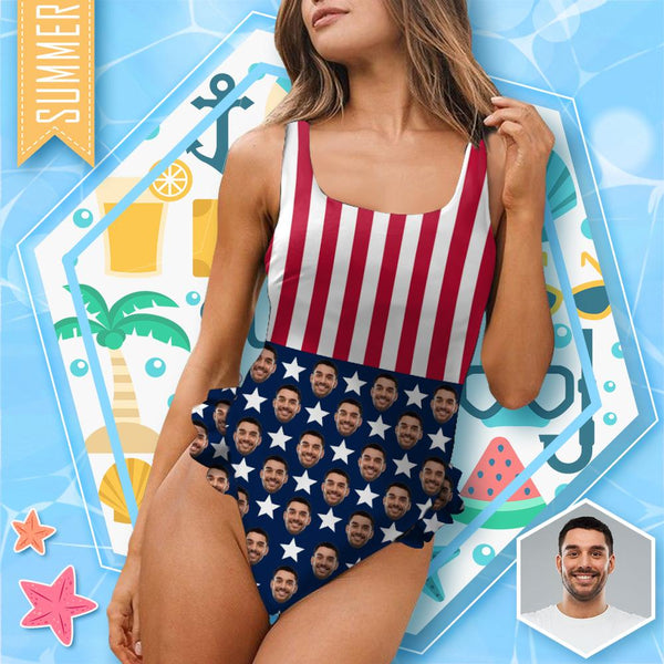 #Trip Flagbathingsuit#Independence Day-Custom Face Stars&Stripes Swimsuit Personalized Women's Ruffle One Piece Bathing Suit Celebrate Holiday