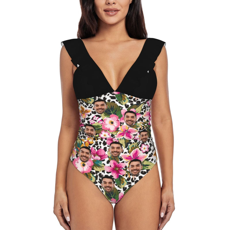 Custom Face Flower Pattern Swimwear Personalized Women's V-Neck Ruffle Bathing Suit One Piece Swimsuit