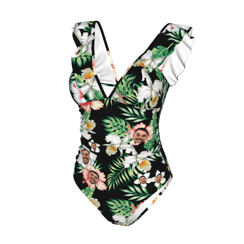 Custom Face Flowers Swimwear Personalized Women's V-Neck Ruffle Bathing Suit One Piece Swimsuit