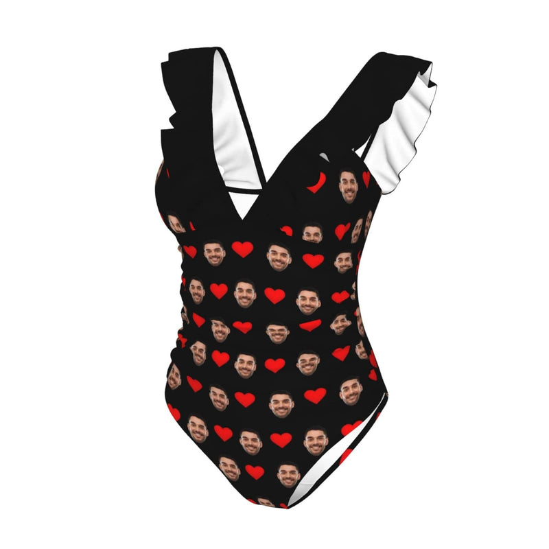 Custom Face Love Heart Swimwear Personalized Women's V-Neck Ruffle Bathing Suit One Piece Swimsuit Gift For Her