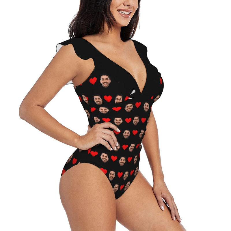 Custom Face Love Heart Swimwear Personalized Women's V-Neck Ruffle Bathing Suit One Piece Swimsuit Gift For Her